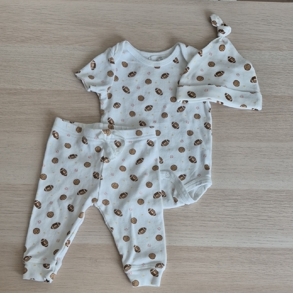 Starting Out Cream and Brown Football Print 3-Piece Matching Set